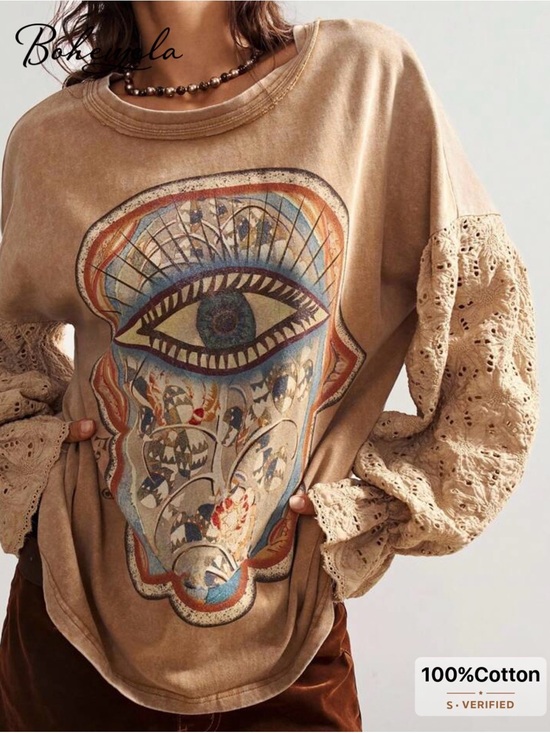 Bohemela Tops - NWOT Bohemela Beige Evil Eye Print Long Sleeve Tee with Eyelet Sleeves, Large